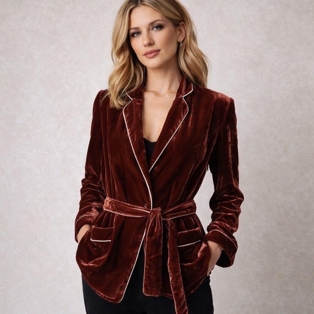 Barneys New York Italy Rust Burgundy Velvet Belted Blazer Jacket Size IT 42 US 6